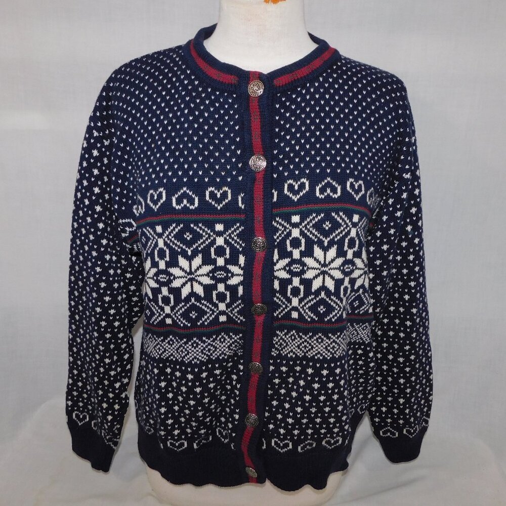 VTG 90s Willow Ridge Blue White Fair Isle Snowflake  Cardigan Sweater Womens L